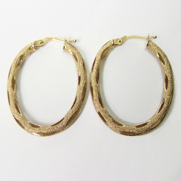 10K yellow GOLD Oval HOOP Cut out Earrings 1.25" - Picture 7 of 9